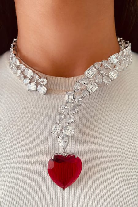 Prerto Silver Plated Crystals, Stones Geometric Ruby Heart Drop Necklace Set 