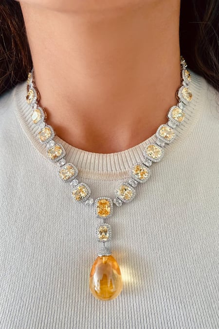 Prerto Yellow Stones, Zari Zircon And Large Citrine Necklace Set 