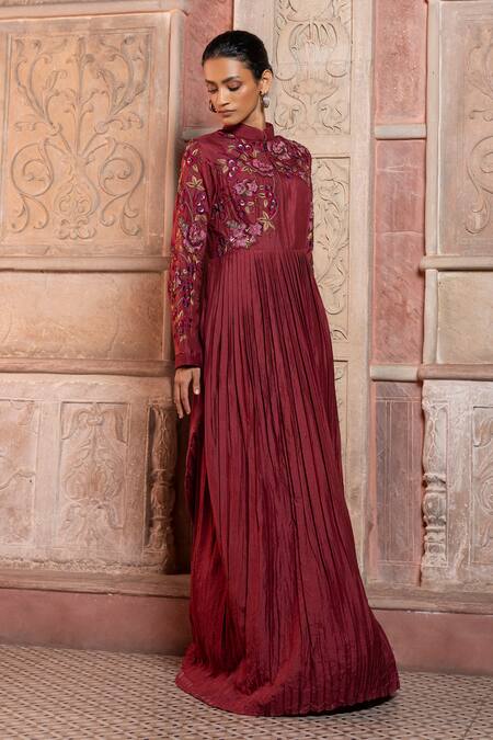 Shruti Sancheti_Maroon Silk Embroidery, Applique Mandarin Collar Pleated Maxi Gown _Online_at_Aza_Fashions