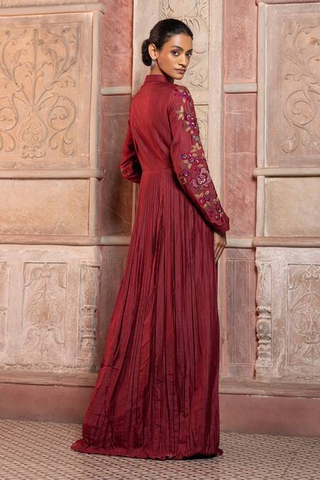Buy_Shruti Sancheti_Maroon Silk Embroidery, Applique Mandarin Collar Pleated Maxi Gown _Online_at_Aza_Fashions