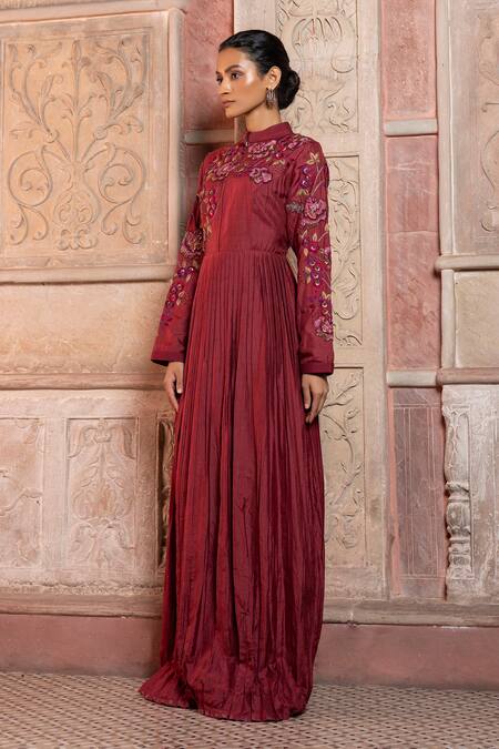 Shop_Shruti Sancheti_Maroon Silk Embroidery, Applique Mandarin Collar Pleated Maxi Gown _Online_at_Aza_Fashions