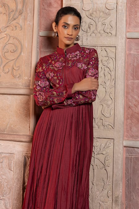 Shruti Sancheti_Maroon Silk Embroidery, Applique Mandarin Collar Pleated Maxi Gown _at_Aza_Fashions