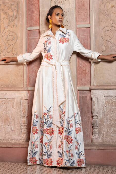 Shruti Sancheti_White Silk Embroidery, Piping Collared Chintz Gown With Belt _Online_at_Aza_Fashions
