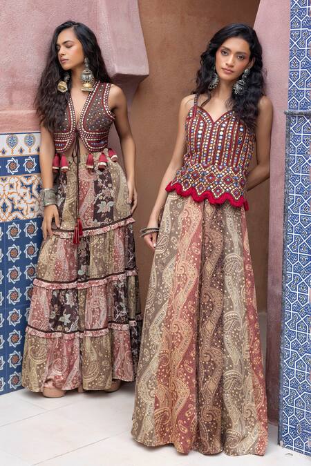 Shruti Sancheti_Red Satin, Mirrors, Embroidery Sweetheart Neck Colorblock Gown _Online_at_Aza_Fashions