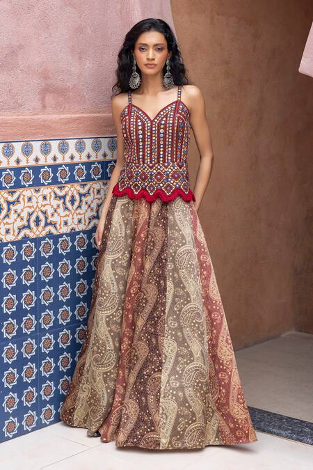 Buy_Shruti Sancheti_Red Satin, Mirrors, Embroidery Sweetheart Neck Colorblock Gown _Online_at_Aza_Fashions