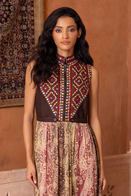Shruti Sancheti_Brown Satin, Embroidery, Mirrors High Neck And Printed Tiered Gown _Online_at_Aza_Fashions