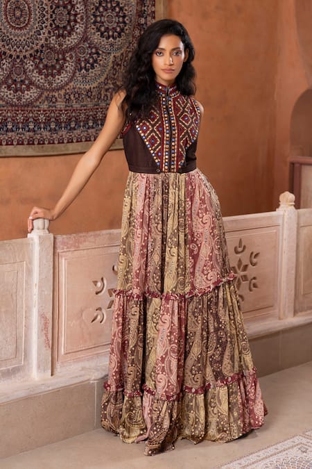 Shruti Sancheti Brown Satin, Embroidery, Mirrors High Neck And Printed Tiered Gown 
