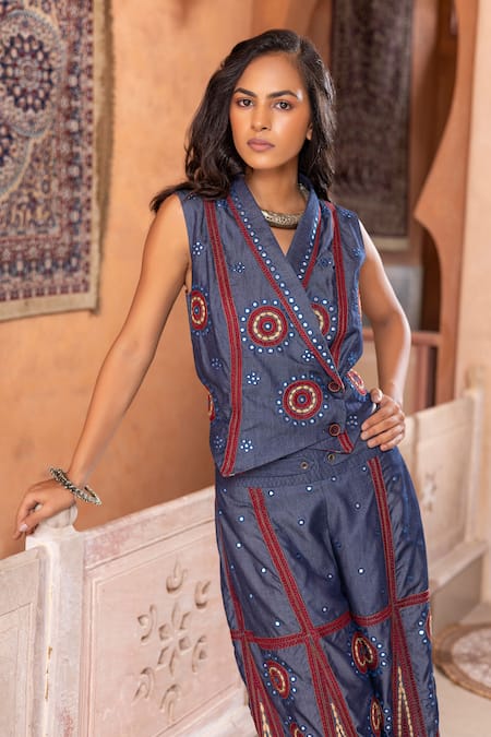 Shruti Sancheti_Blue Denim Embroidery, Mirrors V-neck Waistcoat With Pant _Online_at_Aza_Fashions