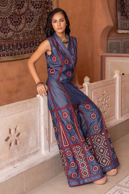 Shop_Shruti Sancheti_Blue Denim Embroidery, Mirrors V-neck Waistcoat With Pant _Online_at_Aza_Fashions