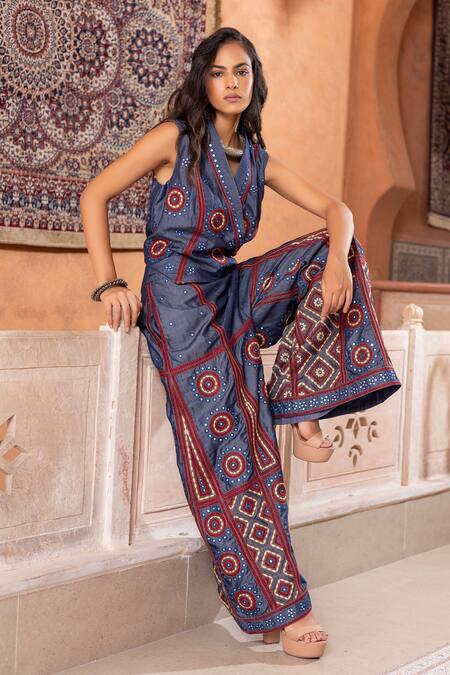 Shruti Sancheti_Blue Denim Embroidery, Mirrors V-neck Waistcoat With Pant _at_Aza_Fashions