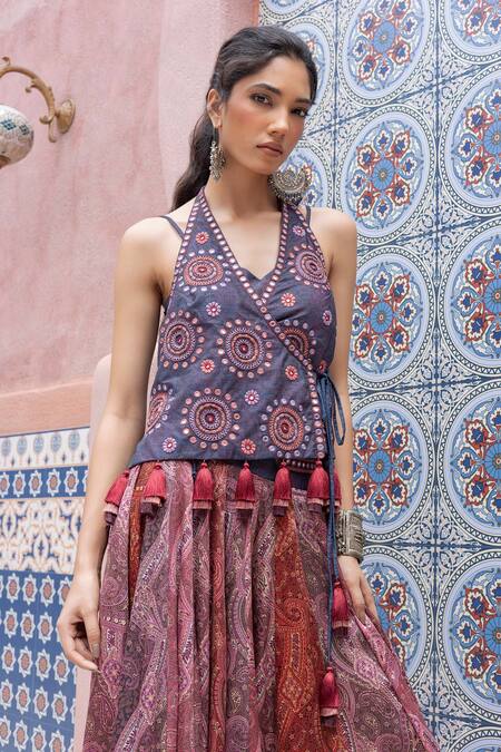 Shruti Sancheti_Blue Denim, Silk Satin Mirrors, Tassels Halter Embroidered Wrap Top With Palazzo _Online_at_Aza_Fashions
