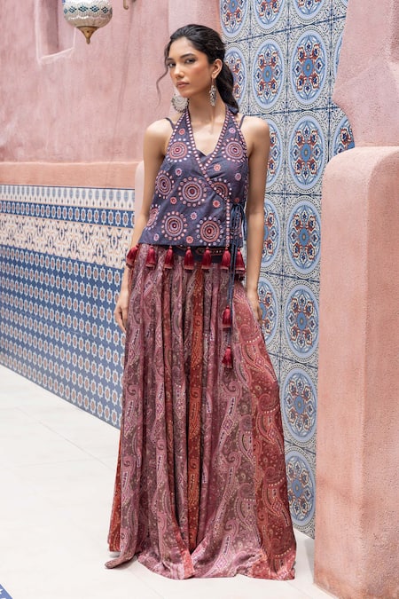 Buy_Shruti Sancheti_Blue Denim, Silk Satin Mirrors, Tassels Halter Embroidered Wrap Top With Palazzo _Online_at_Aza_Fashions