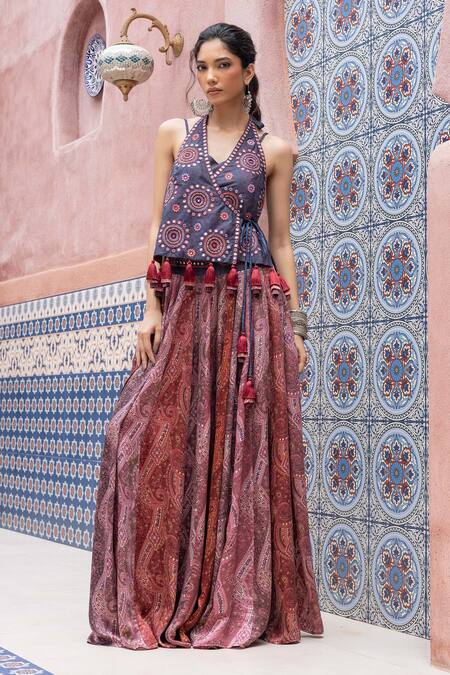 Shop_Shruti Sancheti_Blue Denim, Silk Satin Mirrors, Tassels Halter Embroidered Wrap Top With Palazzo _Online_at_Aza_Fashions