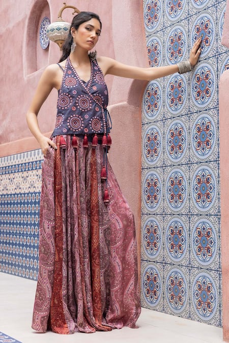Shruti Sancheti Blue Denim, Silk Satin Mirrors, Tassels Halter Embroidered Wrap Top With Palazzo 