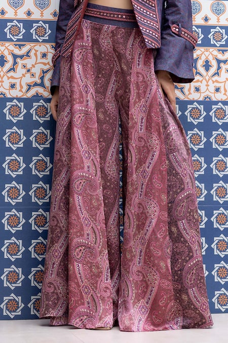 Shruti Sancheti_Blue Denim, Silk Satin Embroidery, Mirrors Sweetheart Neck Blazer Set _Online_at_Aza_Fashions