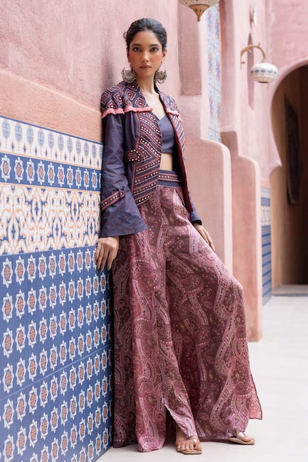 Buy_Shruti Sancheti_Blue Denim, Silk Satin Embroidery, Mirrors Sweetheart Neck Blazer Set _Online_at_Aza_Fashions