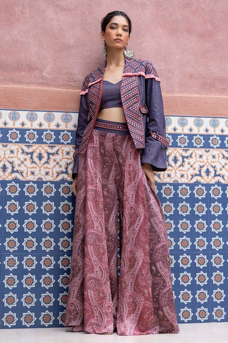 Shop_Shruti Sancheti_Blue Denim, Silk Satin Embroidery, Mirrors Sweetheart Neck Blazer Set _Online_at_Aza_Fashions