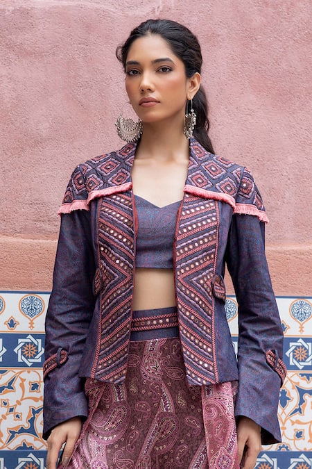 Shruti Sancheti_Blue Denim, Silk Satin Embroidery, Mirrors Sweetheart Neck Blazer Set _at_Aza_Fashions