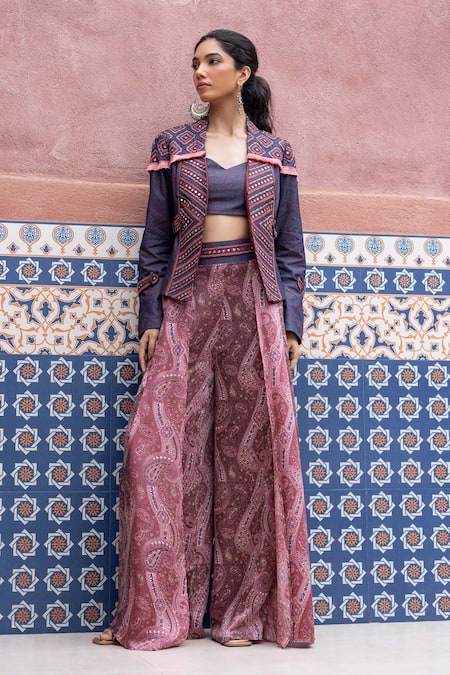 Buy_Shruti Sancheti_Blue Denim, Silk Satin Embroidery, Mirrors Sweetheart Neck Blazer Set 