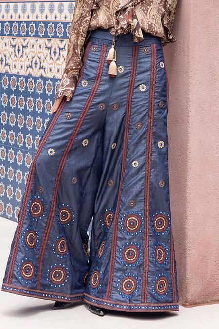 Shruti Sancheti_Brown Silk Satin, Denim Ruffles, Embroidery, Paisley Printed Shirt With Pant _Online_at_Aza_Fashions