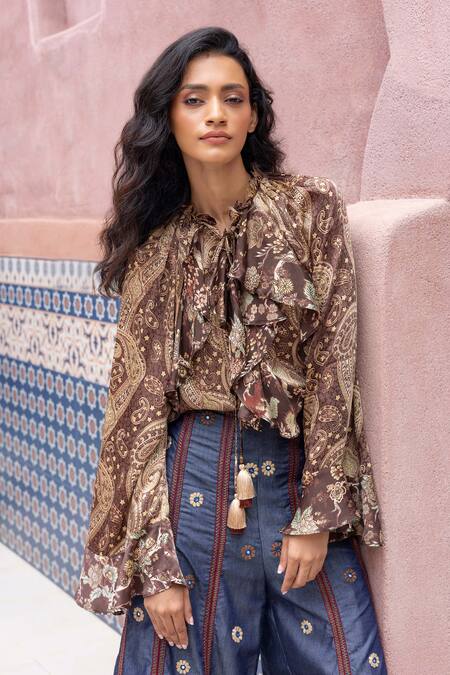 Buy_Shruti Sancheti_Brown Silk Satin, Denim Ruffles, Embroidery, Paisley Printed Shirt With Pant _Online_at_Aza_Fashions