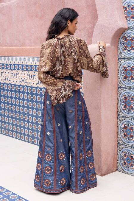 Shop_Shruti Sancheti_Brown Silk Satin, Denim Ruffles, Embroidery, Paisley Printed Shirt With Pant _Online_at_Aza_Fashions