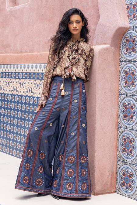 Shruti Sancheti_Brown Silk Satin, Denim Ruffles, Embroidery, Paisley Printed Shirt With Pant _at_Aza_Fashions