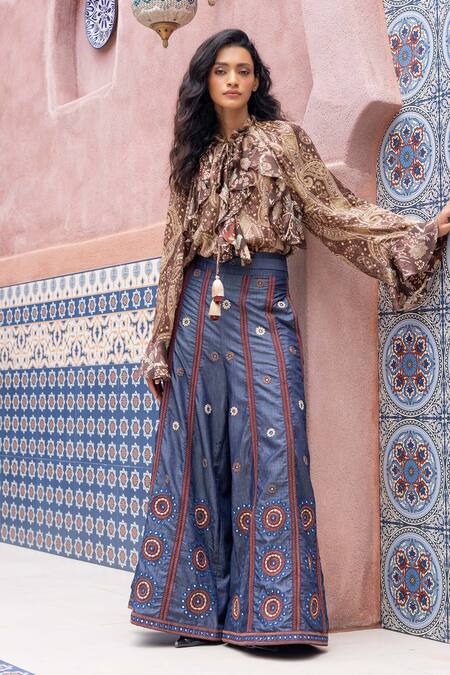 Buy_Shruti Sancheti_Brown Silk Satin, Denim Ruffles, Embroidery, Paisley Printed Shirt With Pant 