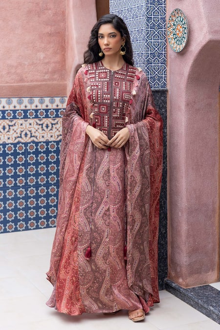 Shruti Sancheti Multi Color Silk Satin Mirrors, Embroidery, Tassels Round Paisley Print Kaftan 