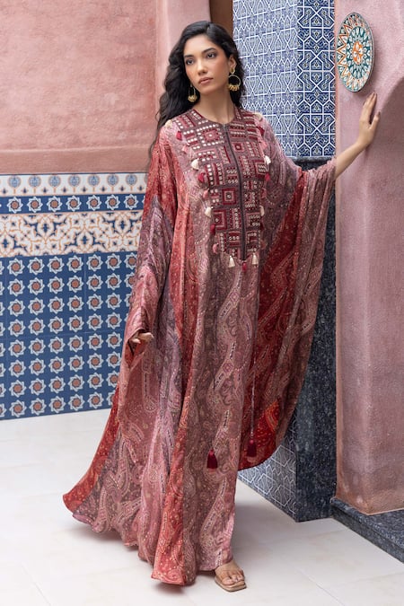 Shruti Sancheti_Multi Color Silk Satin Mirrors, Embroidery, Tassels Round Paisley Print Kaftan _Online_at_Aza_Fashions