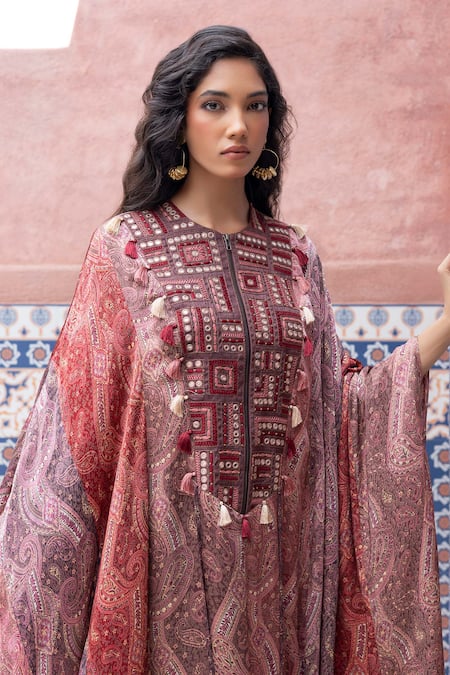 Buy_Shruti Sancheti_Multi Color Silk Satin Mirrors, Embroidery, Tassels Round Paisley Print Kaftan _Online_at_Aza_Fashions