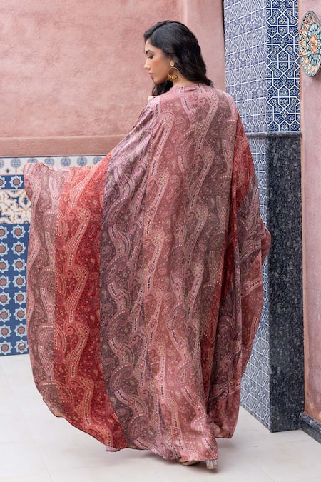 Shop_Shruti Sancheti_Multi Color Silk Satin Mirrors, Embroidery, Tassels Round Paisley Print Kaftan _Online_at_Aza_Fashions