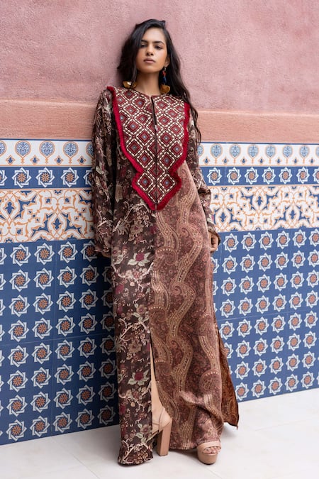 Buy_Shruti Sancheti_Brown Satin, Embroidery Split Chintz And Paisley Colorblock Kaftan _Online_at_Aza_Fashions