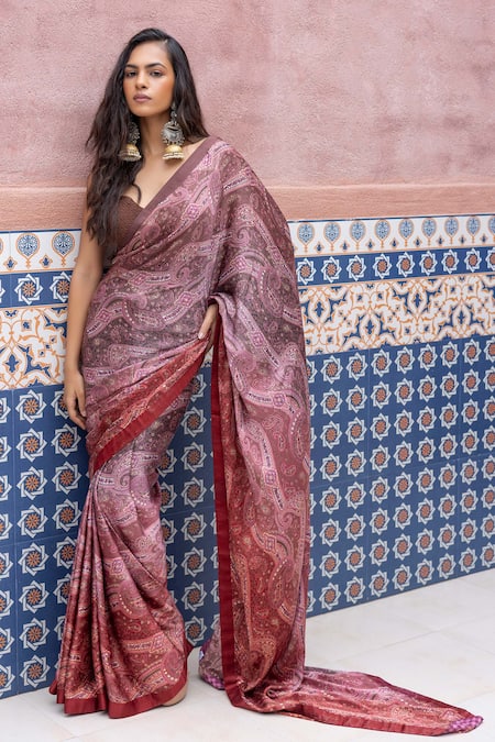 Shruti Sancheti Multi Color Satin, Ombre Paisley Print Saree With Textured Blouse 