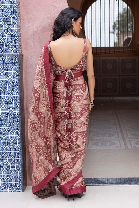 Shruti Sancheti Maroon Satin Paisley Printed Saree With Blouse 
