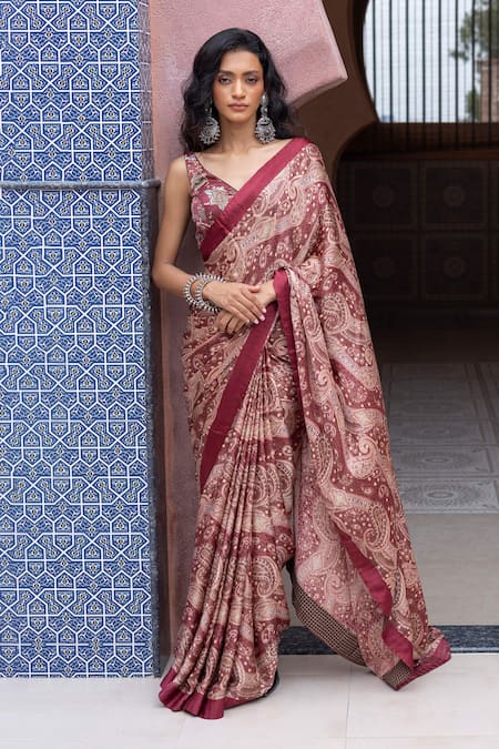 Shruti Sancheti Maroon Silk Satin Embroidery V-neck Paisley Printed Saree With Blouse 
