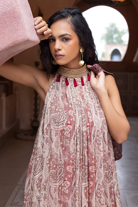 Shop_Shruti Sancheti_Maroon Chiffon Embroidery, Tassels Halter Neck Paisley Print Gown _Online_at_Aza_Fashions