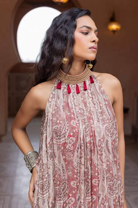 Shruti Sancheti_Maroon Chiffon Embroidery, Tassels Halter Neck Paisley Print Gown _at_Aza_Fashions