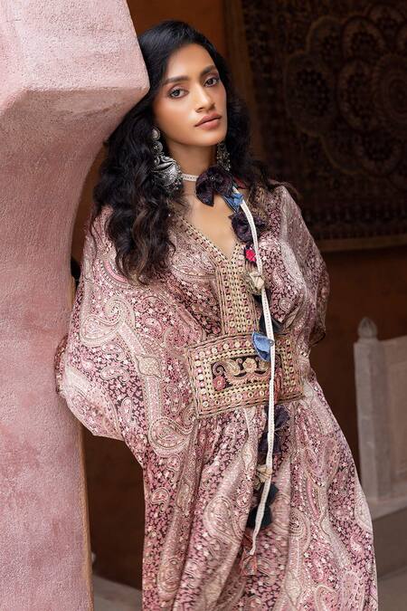 Buy Shruti Sancheti Brown Silk Satin Embroidery, Tassels V-neck Paisley Print Kaftan Online at Aza Fashions Buy_Shruti Sancheti_Brown Silk Satin Embroidery, Tassels V-neck Paisley Print Kaftan _Online_at_Aza_Fashions
