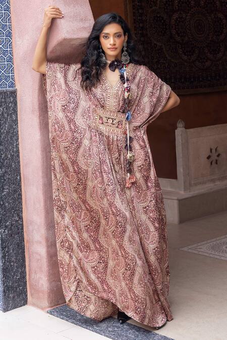 Shop Shruti Sancheti Brown Silk Satin Embroidery, Tassels V-neck Paisley Print Kaftan Online at Aza Fashions Shop_Shruti Sancheti_Brown Silk Satin Embroidery, Tassels V-neck Paisley Print Kaftan _Online_at_Aza_Fashions