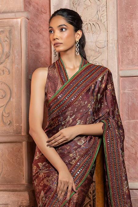 Shruti Sancheti_Burgundy Silk Satin Mirrors, Piping Paisley And Chintz Print Saree With Blouse _Online_at_Aza_Fashions