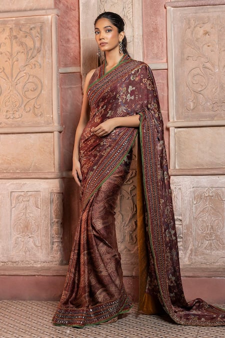 Buy_Shruti Sancheti_Burgundy Silk Satin Mirrors, Piping Paisley And Chintz Print Saree With Blouse _Online_at_Aza_Fashions