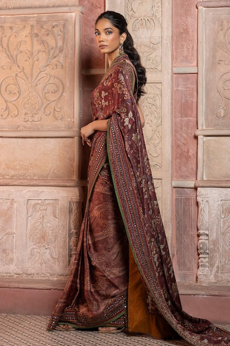 Shop_Shruti Sancheti_Burgundy Silk Satin Mirrors, Piping Paisley And Chintz Print Saree With Blouse _Online_at_Aza_Fashions