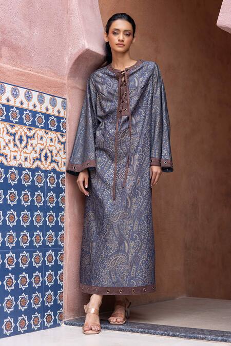 Shruti Sancheti_Blue Denim Round Neck Printed Kaftan _Online_at_Aza_Fashions