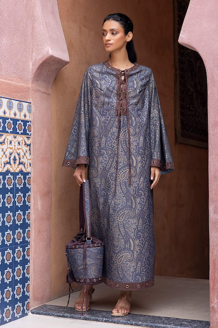 Buy_Shruti Sancheti_Blue Denim Round Neck Printed Kaftan _Online_at_Aza_Fashions