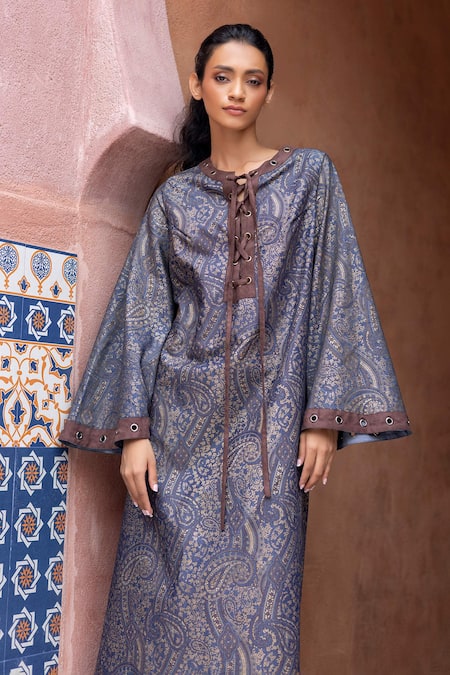 Shop_Shruti Sancheti_Blue Denim Round Neck Printed Kaftan _Online_at_Aza_Fashions