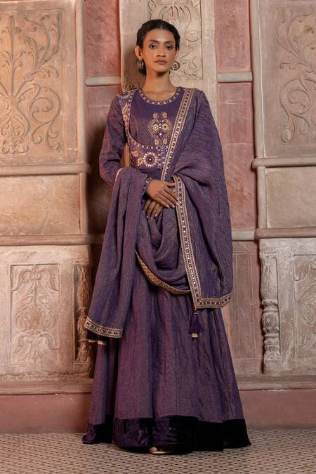 Shruti Sancheti_Purple Maheshwari, Tissue, Silk Embroidery, Zari Paisley Jacket And Anarkali Set _Online_at_Aza_Fashions