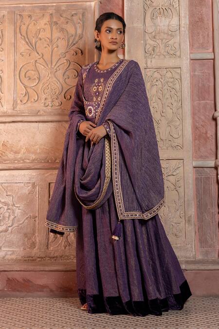 Buy_Shruti Sancheti_Purple Maheshwari, Tissue, Silk Embroidery, Zari Paisley Jacket And Anarkali Set _Online_at_Aza_Fashions