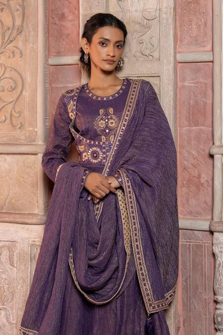 Shruti Sancheti_Purple Maheshwari, Tissue, Silk Embroidery, Zari Paisley Jacket And Anarkali Set _at_Aza_Fashions