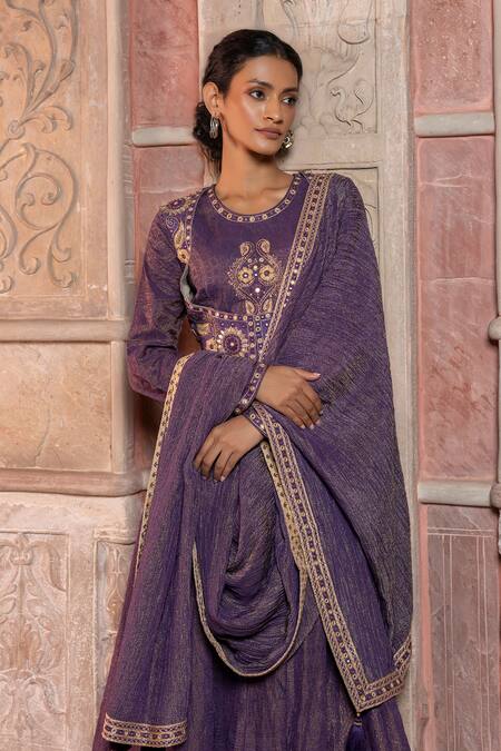 Buy_Shruti Sancheti_Purple Maheshwari, Tissue, Silk Embroidery, Zari Paisley Jacket And Anarkali Set 